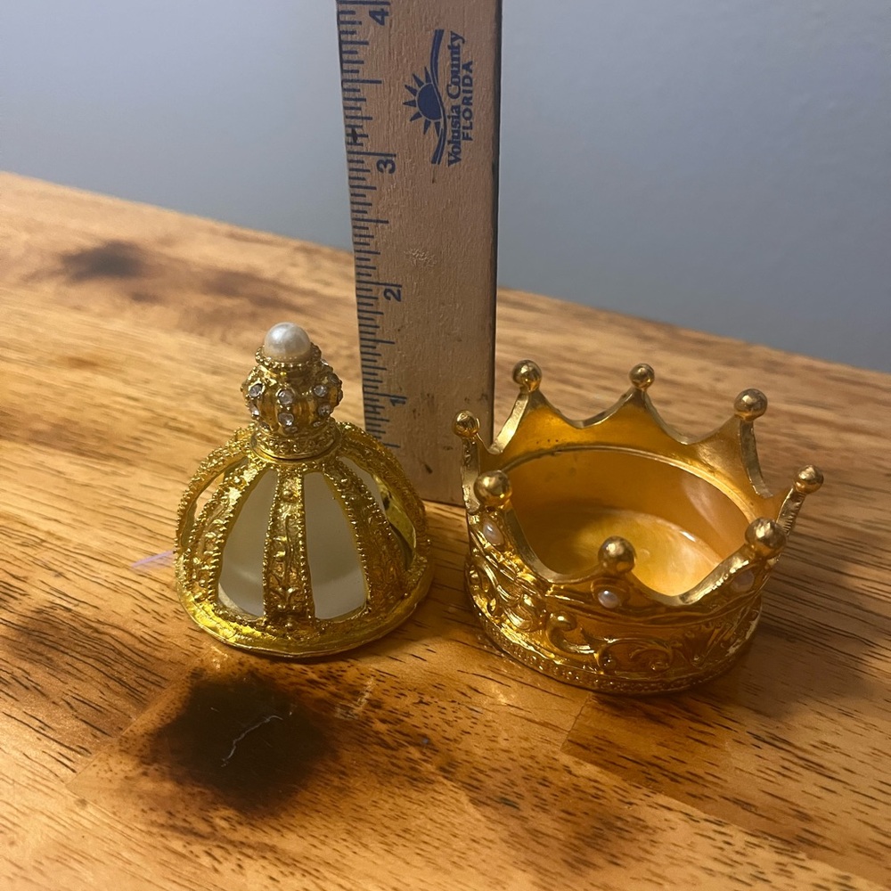 Gold Crown Perfume Bottle/Trinket Box w Jewels Pearls 3" X 2.5”. Empty. - Picture 3 of 11